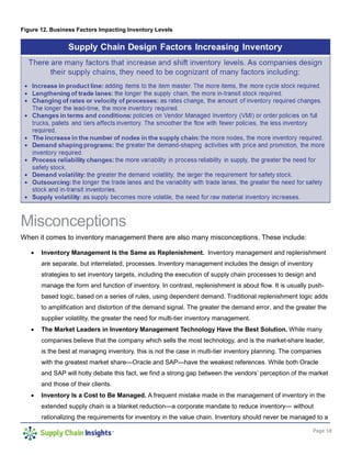 Page 18
Figure 12. Business Factors Impacting Inventory Levels
Misconceptions
When it comes to inventory management there are also many misconceptions. These include:
 Inventory Management Is the Same as Replenishment. Inventory management and replenishment
are separate, but interrelated, processes. Inventory management includes the design of inventory
strategies to set inventory targets, including the execution of supply chain processes to design and
manage the form and function of inventory. In contrast, replenishment is about flow. It is usually push-
based logic, based on a series of rules, using dependent demand. Traditional replenishment logic adds
to amplification and distortion of the demand signal. The greater the demand error, and the greater the
supplier volatility, the greater the need for multi-tier inventory management.
 The Market Leaders in Inventory Management Technology Have the Best Solution. While many
companies believe that the company which sells the most technology, and is the market-share leader,
is the best at managing inventory, this is not the case in multi-tier inventory planning. The companies
with the greatest market share—Oracle and SAP—have the weakest references. While both Oracle
and SAP will hotly debate this fact, we find a strong gap between the vendors’ perception of the market
and those of their clients.
 Inventory Is a Cost to Be Managed. A frequent mistake made in the management of inventory in the
extended supply chain is a blanket reduction—a corporate mandate to reduce inventory— without
rationalizing the requirements for inventory in the value chain. Inventory should never be managed to a
 