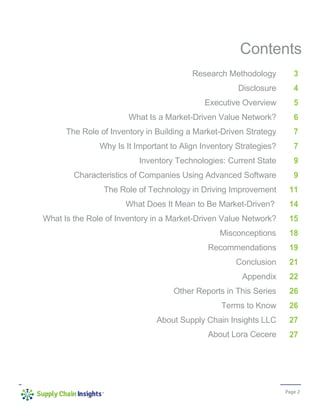 Page 2
Contents
Research Methodology
Disclosure
Executive Overview
What Is a Market-Driven Value Network?
The Role of Inventory in Building a Market-Driven Strategy
Why Is It Important to Align Inventory Strategies?
Inventory Technologies: Current State
Characteristics of Companies Using Advanced Software
The Role of Technology in Driving Improvement
What Does It Mean to Be Market-Driven?
What Is the Role of Inventory in a Market-Driven Value Network?
Misconceptions
Recommendations
Conclusion
Appendix
Other Reports in This Series
Terms to Know
About Supply Chain Insights LLC
About Lora Cecere
3
4
5
6
7
7
9
9
11
14
15
18
19
21
22
26
26
27
27
 