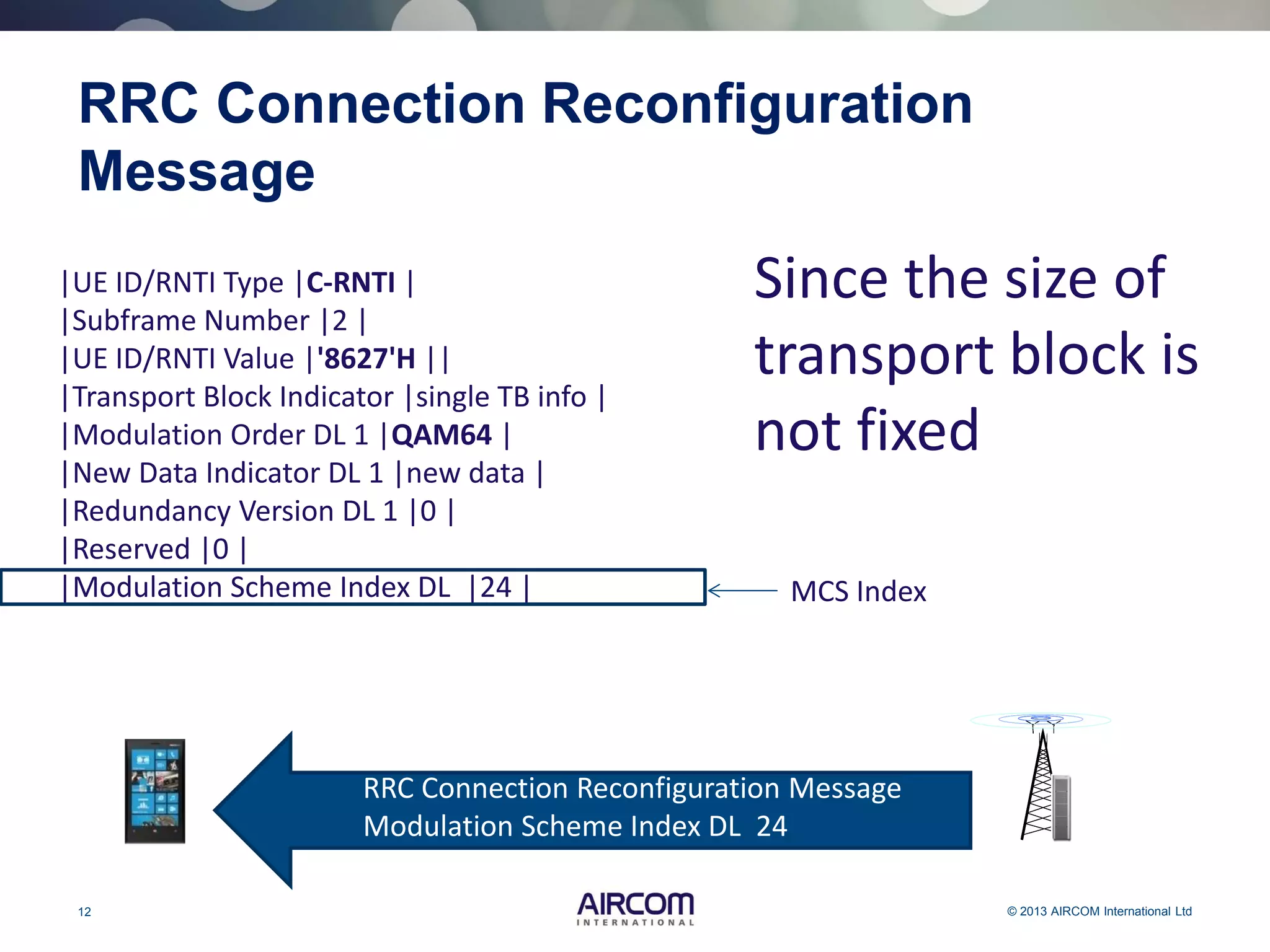 12 © 2013 AIRCOM International Ltd
RRC Connection Reconfiguration
Message
Since the size of
transport block is
not fixed
MCS Index
|UE ID/RNTI Type |C-RNTI |
|Subframe Number |2 |
|UE ID/RNTI Value |'8627'H ||
|Transport Block Indicator |single TB info |
|Modulation Order DL 1 |QAM64 |
|New Data Indicator DL 1 |new data |
|Redundancy Version DL 1 |0 |
|Reserved |0 |
|Modulation Scheme Index DL |24 |
RRC Connection Reconfiguration Message
Modulation Scheme Index DL 24
 