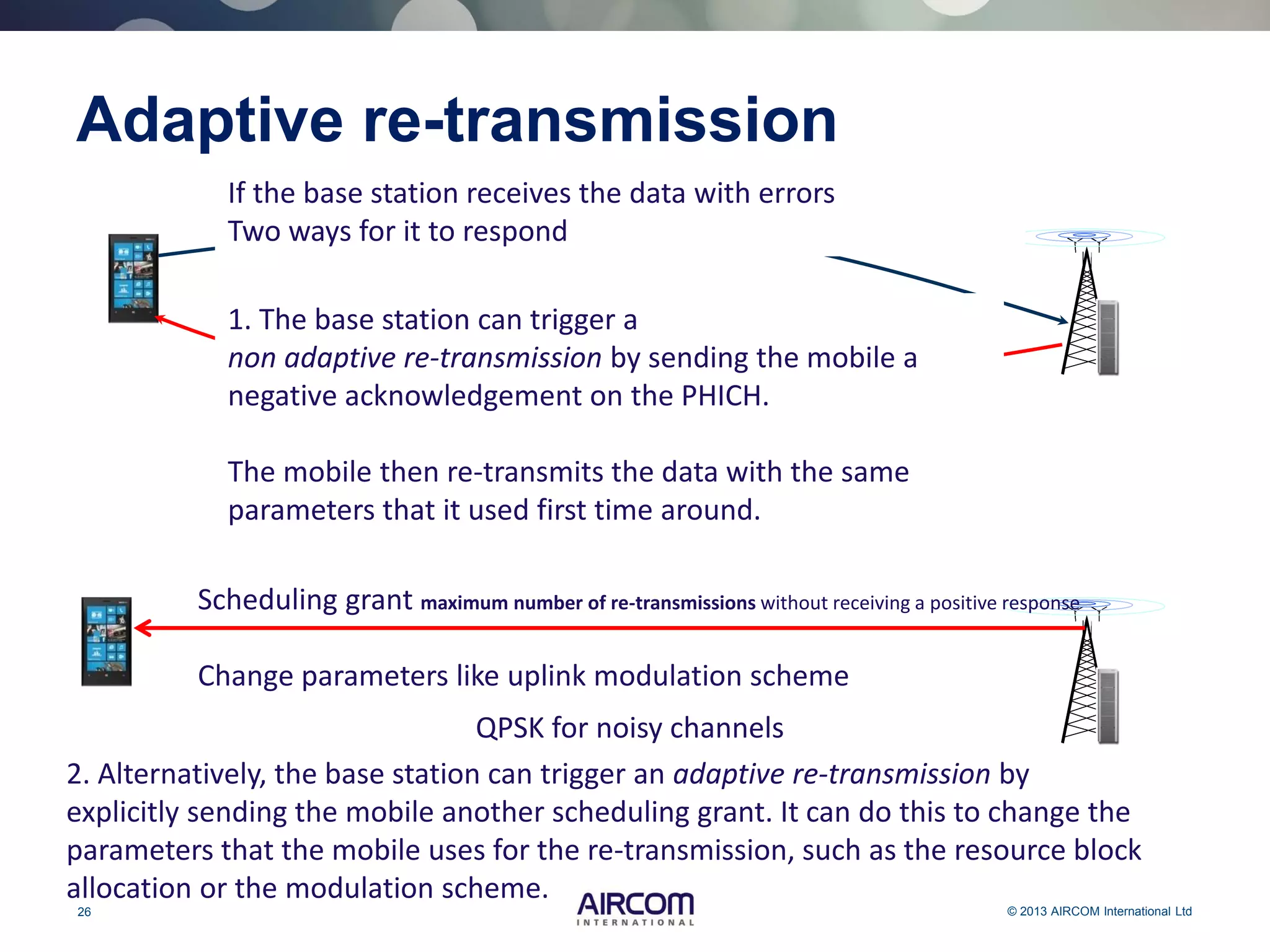 26 © 2013 AIRCOM International Ltd
Adaptive re-transmission
If the base station receives the data with errors
Two ways for it to respond
1. The base station can trigger a
non adaptive re-transmission by sending the mobile a
negative acknowledgement on the PHICH.
The mobile then re-transmits the data with the same
parameters that it used first time around.
2. Alternatively, the base station can trigger an adaptive re-transmission by
explicitly sending the mobile another scheduling grant. It can do this to change the
parameters that the mobile uses for the re-transmission, such as the resource block
allocation or the modulation scheme.
Scheduling grant maximum number of re-transmissions without receiving a positive response
Change parameters like uplink modulation scheme
QPSK for noisy channels
 