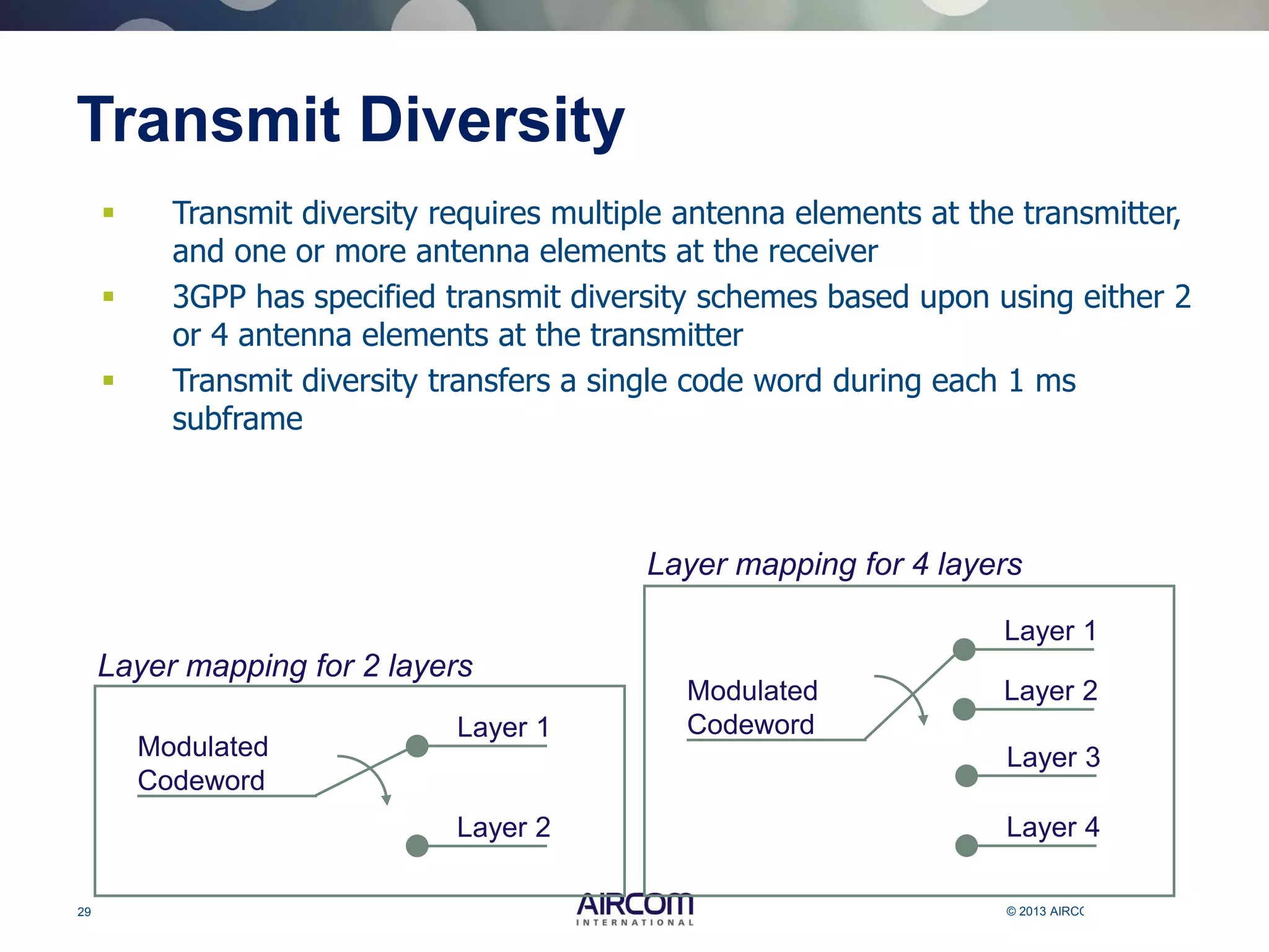 29 © 2013 AIRCOM International Ltd
Transmit Diversity
 Transmit diversity requires multiple antenna elements at the transmitter,
and one or more antenna elements at the receiver
 3GPP has specified transmit diversity schemes based upon using either 2
or 4 antenna elements at the transmitter
 Transmit diversity transfers a single code word during each 1 ms
subframe
Modulated
Codeword
Layer 1
Layer 2
Layer mapping for 2 layers
Modulated
Codeword
Layer 3
Layer 4
Layer mapping for 4 layers
Layer 1
Layer 2
 