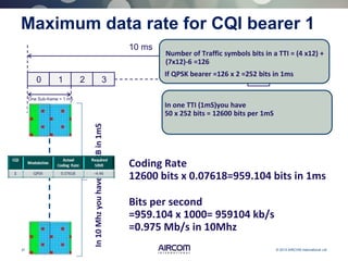 37 © 2013 AIRCOM International Ltd
0 1 2 3 19
One Sub-frame = 1 mS
10 ms
Number of Traffic symbols bits in a TTI = (4 x12) +
(7x12)-6 =126
If QPSK bearer =126 x 2 =252 bits in 1ms
In10Mhzyouhave50PRBin1mS
Maximum data rate for CQI bearer 1
In one TTI (1mS)you have
50 x 252 bits = 12600 bits per 1mS
Coding Rate
12600 bits x 0.07618=959.104 bits in 1ms
Bits per second
=959.104 x 1000= 959104 kb/s
=0.975 Mb/s in 10Mhz
 