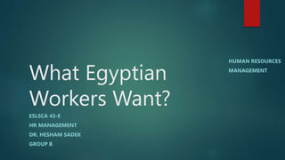What Egyptian
Workers Want?
ESLSCA 43-E
HR MANAGEMENT
DR. HESHAM SADEK
GROUP B
HUMAN RESOURCES
MANAGEMENT
 