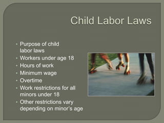 Child Labor LawsPurpose of child labor lawsWorkers under age 18Hours of workMinimum wageOvertimeWork restrictions for all minors under 18Other restrictions vary depending on minor’s age