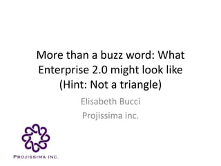 More than a buzz word: What 
Enterprise 2.0 might look like 
(Hint: Not a triangle) 
Elisabeth Bucci 
Projissima inc. 
 