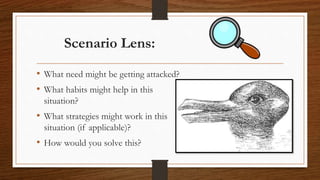 Scenario Lens:
• What need might be getting attacked?
• What habits might help in this
situation?
• What strategies might work in this
situation (if applicable)?
• How would you solve this?
 