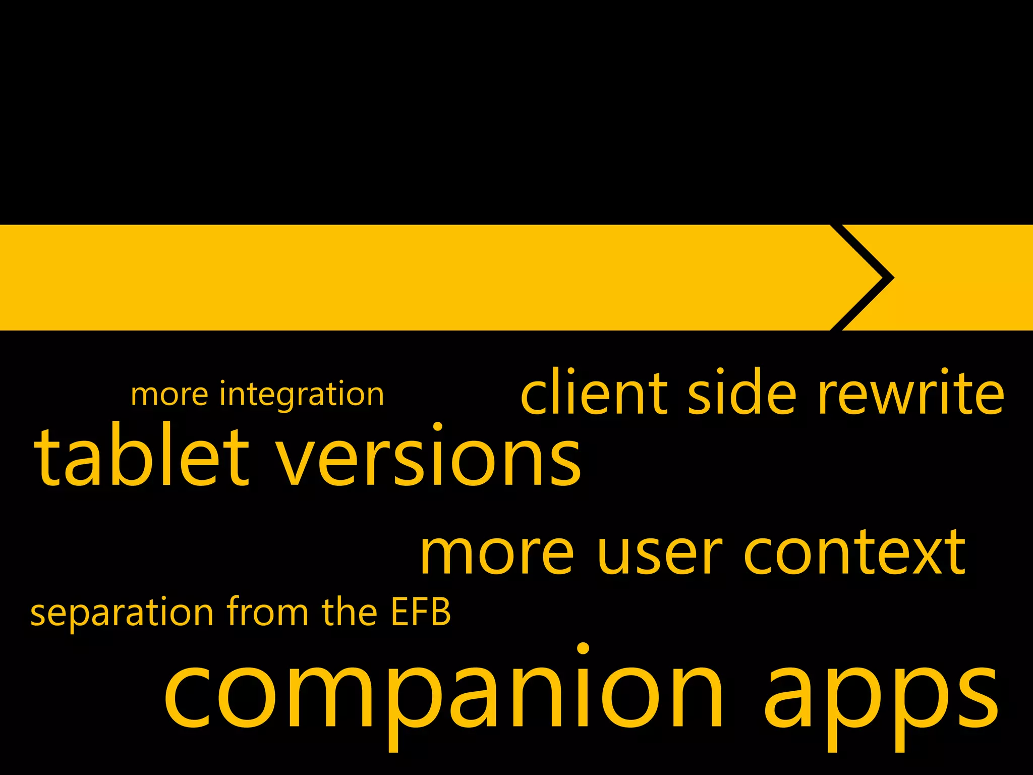 more integration      client side rewrite
tablet versions
                        more user context
separation from the EFB

       companion apps
 