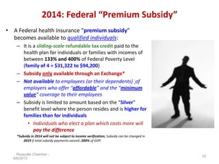 2014: Federal “Premium Subsidy”
• A Federal health insurance “premium subsidy”
becomes available to qualified individuals:...