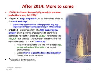 After 2014: More to come
• 1/1/2015 – Shared Responsibility mandate has been
pushed back from 1/1/2014*
• 1/1/2017 – Large...