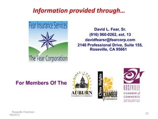 Information provided through…
Roseville Chamber -
9/6/2013
25
David L. Fear, Sr.
(916) 960-0262, ext. 13
davidfearsr@...