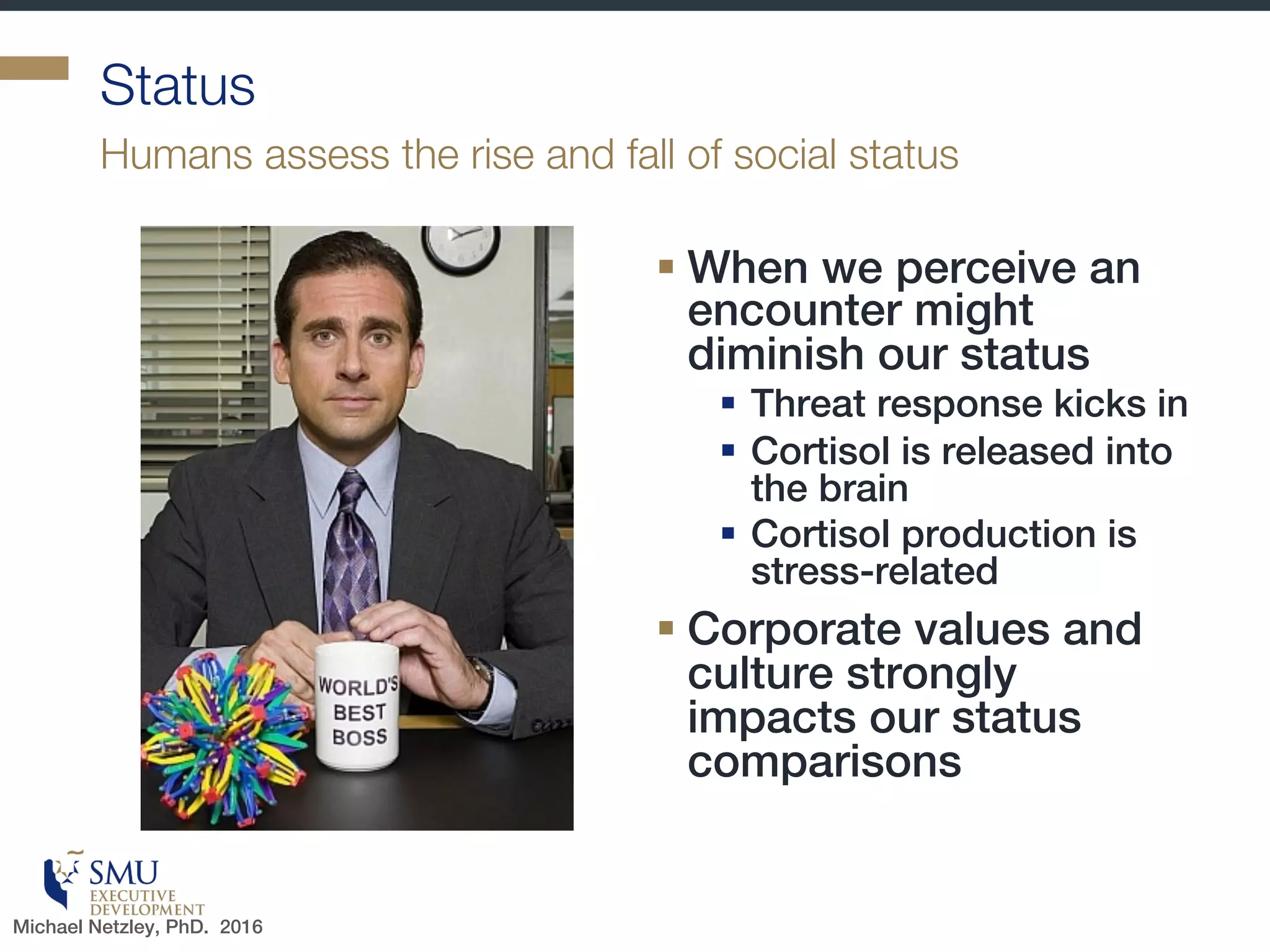 Why Focus on the Executive’s Brain?
§ Achilles and the Myrmidon warriors
§ Historically leaders inspired courage with
front line fighting, as did Achilles
§ Today they lead from the balcony;
overseeing
§ The key assumption is that this specific type
of executive role—from the balcony—will
make the team/troops better
§ Today’s CEO typically displays such
leadership, as does the conductor of the
orchestra. The CEO does not
manufacture the goods or deliver the
actual services anymore than the
conductor makes the music.
Look at how the role of the executive has evolved
Michael Netzley, PhD. 2016
 