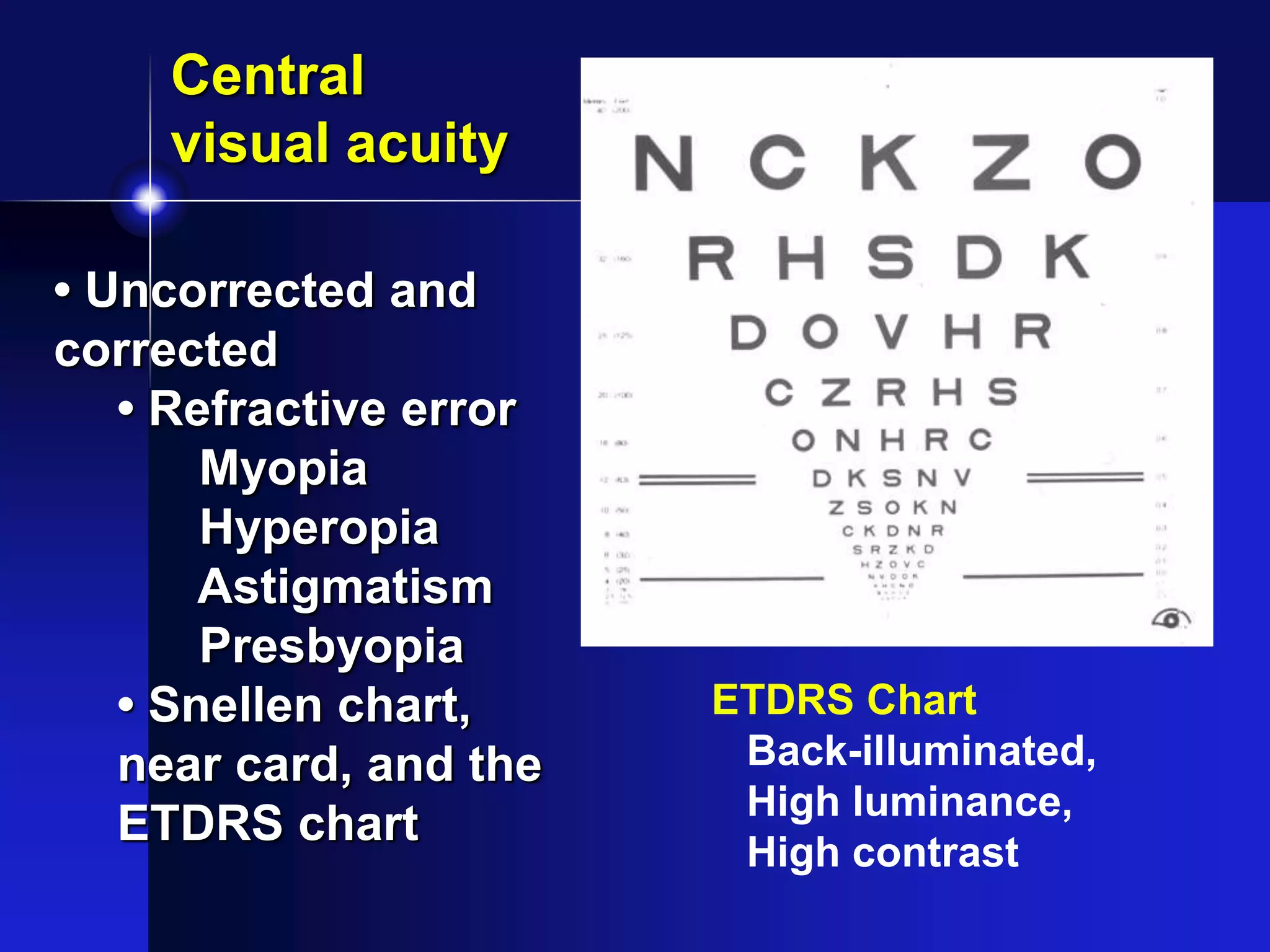 • Uncorrected and
corrected
• Refractive error
Myopia
Hyperopia
Astigmatism
Presbyopia
• Snellen chart,
near card, and the
ETDRS chart
ETDRS Chart
Back-illuminated,
High luminance,
High contrast
Central
visual acuity
 