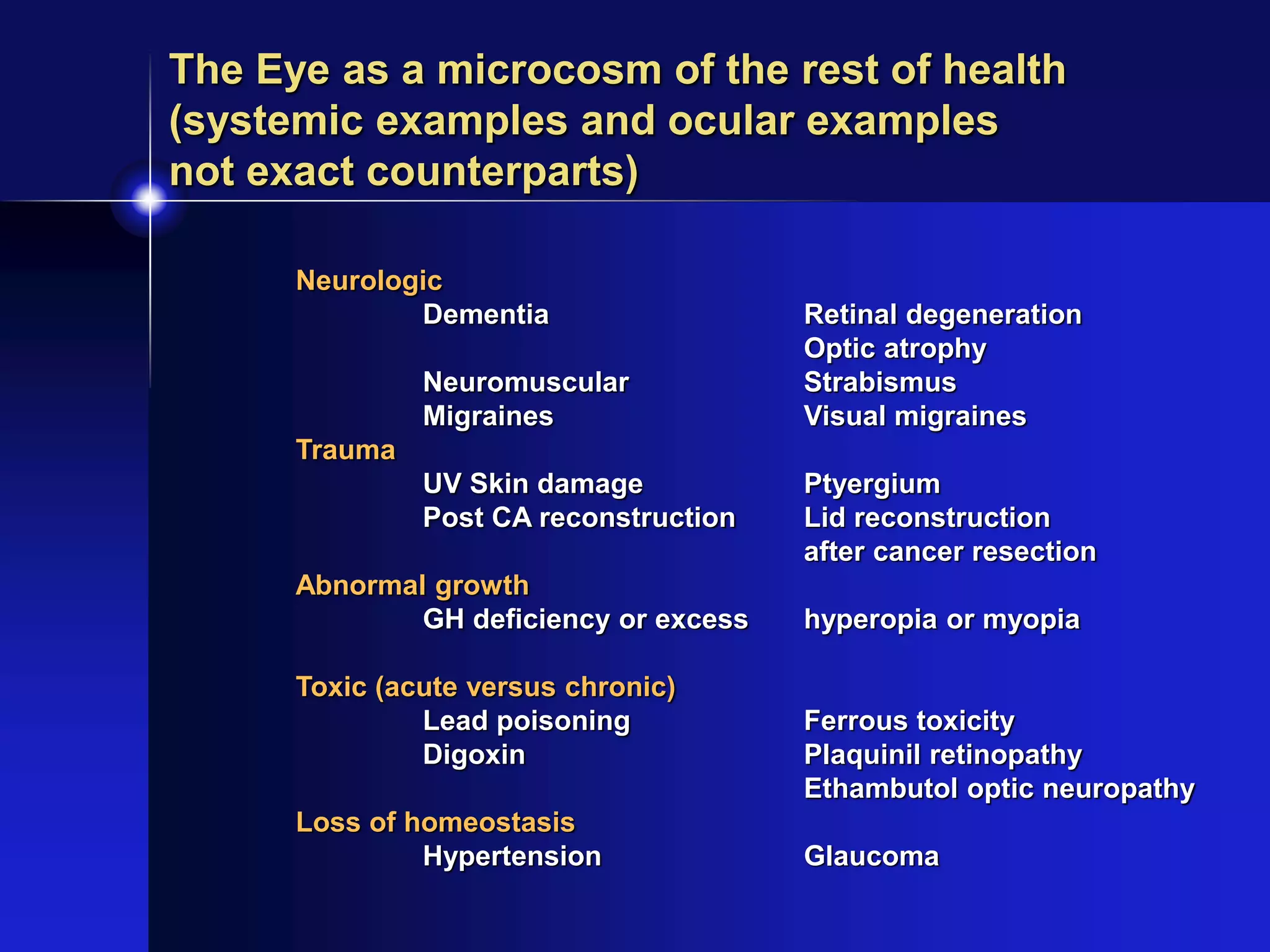 The Eye as a microcosm of the rest of health
(systemic examples and ocular examples
not exact counterparts)
Neurologic
Dementia Retinal degeneration
Optic atrophy
Neuromuscular Strabismus
Migraines Visual migraines
Trauma
UV Skin damage Ptyergium
Post CA reconstruction Lid reconstruction
after cancer resection
Abnormal growth
GH deficiency or excess hyperopia or myopia
Toxic (acute versus chronic)
Lead poisoning Ferrous toxicity
Digoxin Plaquinil retinopathy
Ethambutol optic neuropathy
Loss of homeostasis
Hypertension Glaucoma
 