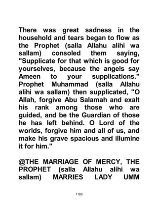1180
the Prophet (salla Allahu alihi wa
sallam) replied, "And upon him be the
peace and mercy of Allah," then the
Prophet (salla Allahu alihi wa sallam)
with sadness in his voice informed
his Companions that Khubaib had
been martyred.
That night under the cover of
darkness, Amr the son of Ummaiyah,
Ad-Damari 'Amr took down Khubaib’s
body and took it away for burial.
Zayd's martyrdom followed soon
after Khubaib's, he to offered two
units of prayer and was martyred in
the same manner of Khubaib.
@THE SWARM OF HORNETS
As for Asim, who had been martyred
earlier, he had killed a Koraysh
 