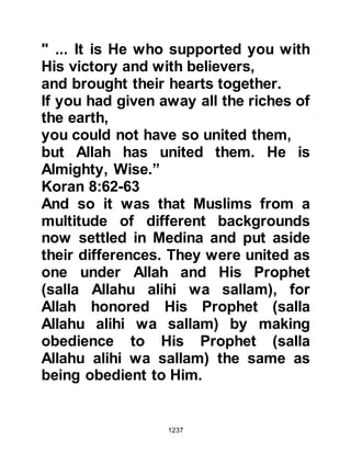 1237
@THE RECOMMENDATION OF THE
PROPHET (salla Allahu alihi wa
sallam)
TO RECITE THE KORAN ONCE A
MONTH AND TO FAST THREE DAYS
A MONTH
Abdullah, Amr's son was a strong
young man and told the Prophet
(salla Allahu alihi wa sallam) he was
capable of better than fasting just
three days a month, so the Prophet
(salla Allahu alihi wa sallam)
suggested that he fast every third
day instead. When Abdullah
persisted with his intention, the
Prophet (salla Allahu alihi wa sallam)
advised him to fast alternate days
and told him that this way of fasting
was the same way in which Prophet
David, peace be upon him, fasted and
 