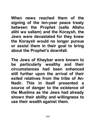 1490
done with the cloak he had given
him. When the Prophet (salla Allahu
alihi wa sallam) learned of Abu Abs'
action he was well pleased and told
him that if he lived long enough he
would indeed have more than enough
to suffice his needs, indeed, he told
him, that he would have so much it
would not be good for him!
@THE POEM OF AAMIR AL AKWA’S
SON
As the journey progressed, a
companion asked Aamir, Al-Akwas
son to recite some of his poetry.
Aamir dismounted and led the
camels, reciting in a sweet voice:
"Allah, except for You we would
never have been guided,
nor yet given charity, nor prayed
 
