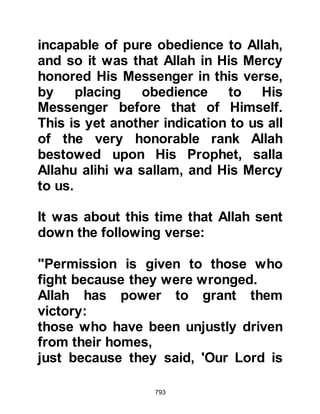793
instructions that told him to journey
on to Nakhlah, which is between
Mecca and Ta’if and observe the
Koraysh then return with the news.
There was no order to attack the
caravan.
Upon reaching the valley of Nakhlah,
the caravan was observed. The
caravan included the prominent
unbelievers Amr, Al Hadrami,
Othman and Nawfal, the sons of
Abdullah, Al-Mughirah and others,
who were transporting consignments
of raisons, and other foodstuffs. The
Muslims faced the dilemma whether
or not to attack because it was the
month of Rajab.
Abdullah, Jahsh’s son was in a
quandary not knowing what to do, he
 
