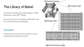 The Library of Babel
At present it contains all possible pages of 3200
characters, about 104677
books.
Any text you find i...