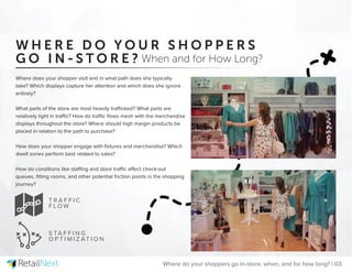Where does your shopper visit and in what path does she typically
take? Which displays capture her attention and which does she ignore
entirely?
What parts of the store are most heavily trafficked? What parts are
relatively light in traffic? How do traffic ﬂows mesh with the merchandise
displays throughout the store? Where should high margin products be
placed in relation to the path to purchase?
How does your shopper engage with ﬁxtures and merchandise? Which
dwell zones perform best related to sales?
How do conditions like staffing and store traffic affect check-out
queues, ﬁtting rooms, and other potential friction points in the shopping
journey?
Where do your shoppers go in-store, when, and for how long? | 03
W H E R E D O Y O U R S H O P P E R S
G O I N - S T O R E ?
T R A F F I C
F L O W
S TA F F I N G
O P T I M I Z AT I O N
When and for How Long?
 