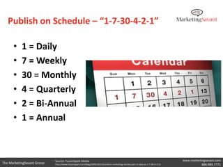 Publish on Schedule – “1-7-30-4-2-1”

      •    1 = Daily
      •    7 = Weekly
      •    30 = Monthly
      •    4 = Qu...