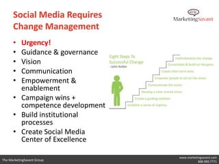 Social Media Requires
      Change Management
      • Urgency!
      • Guidance & governance
      • Vision
      • Commun...