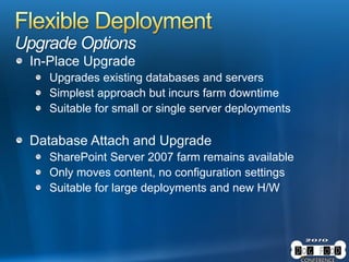 Upgrade Options
In-Place Upgrade
Upgrades existing databases and servers
Simplest approach but incurs farm downtime
Suitable for small or single server deployments
Database Attach and Upgrade
SharePoint Server 2007 farm remains available
Only moves content, no configuration settings
Suitable for large deployments and new H/W
 