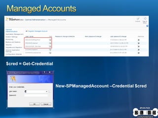 $cred = Get-Credential
New-SPManagedAccount –Credential $cred
 