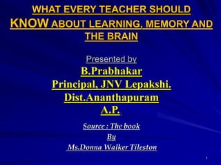 WHAT EVERY TEACHER SHOULD
KNOW ABOUT LEARNING, MEMORY AND
THE BRAIN
Presented by
B.Prabhakar
Principal, JNV Lepakshi.
Dist.Ananthapuram
A.P..
Source : The book
By
Ms.Donna Walker Tileston
1
 