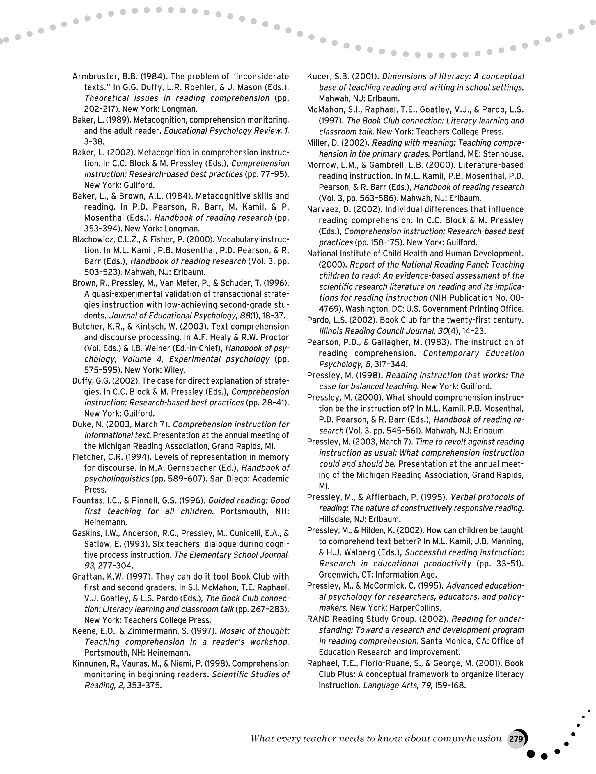 Armbruster, B.B. (1984). The problem of “inconsiderate
texts.” In G.G. Duffy, L.R. Roehler, & J. Mason (Eds.),
Theoretical issues in reading comprehension (pp.
202–217). New York: Longman.
Baker, L. (1989). Metacognition, comprehension monitoring,
and the adult reader. Educational Psychology Review, 1,
3–38.
Baker, L. (2002). Metacognition in comprehension instruc-
tion. In C.C. Block & M. Pressley (Eds.), Comprehension
instruction: Research-based best practices (pp. 77–95).
New York: Guilford.
Baker, L., & Brown, A.L. (1984). Metacognitive skills and
reading. In P.D. Pearson, R. Barr, M. Kamil, & P.
Mosenthal (Eds.), Handbook of reading research (pp.
353–394). New York: Longman.
Blachowicz, C.L.Z., & Fisher, P. (2000). Vocabulary instruc-
tion. In M.L. Kamil, P.B. Mosenthal, P.D. Pearson, & R.
Barr (Eds.), Handbook of reading research (Vol. 3, pp.
503–523). Mahwah, NJ: Erlbaum.
Brown, R., Pressley, M., Van Meter, P., & Schuder, T. (1996).
A quasi-experimental validation of transactional strate-
gies instruction with low-achieving second-grade stu-
dents. Journal of Educational Psychology, 88(1), 18–37.
Butcher, K.R., & Kintsch, W. (2003). Text comprehension
and discourse processing. In A.F. Healy & R.W. Proctor
(Vol. Eds.) & I.B. Weiner (Ed.-in-Chief), Handbook of psy-
chology, Volume 4, Experimental psychology (pp.
575–595). New York: Wiley.
Duffy, G.G. (2002). The case for direct explanation of strate-
gies. In C.C. Block & M. Pressley (Eds.), Comprehension
instruction: Research-based best practices (pp. 28–41).
New York: Guilford.
Duke, N. (2003, March 7). Comprehension instruction for
informational text. Presentation at the annual meeting of
the Michigan Reading Association, Grand Rapids, MI.
Fletcher, C.R. (1994). Levels of representation in memory
for discourse. In M.A. Gernsbacher (Ed.), Handbook of
psycholinguistics (pp. 589–607). San Diego: Academic
Press.
Fountas, I.C., & Pinnell, G.S. (1996). Guided reading: Good
first teaching for all children. Portsmouth, NH:
Heinemann.
Gaskins, I.W., Anderson, R.C., Pressley, M., Cunicelli, E.A., &
Satlow, E. (1993). Six teachers’ dialogue during cogni-
tive process instruction. The Elementary School Journal,
93, 277–304.
Grattan, K.W. (1997). They can do it too! Book Club with
first and second graders. In S.I. McMahon, T.E. Raphael,
V.J. Goatley, & L.S. Pardo (Eds.), The Book Club connec-
tion: Literacy learning and classroom talk (pp. 267–283).
New York: Teachers College Press.
Keene, E.O., & Zimmermann, S. (1997). Mosaic of thought:
Teaching comprehension in a reader’s workshop.
Portsmouth, NH: Heinemann.
Kinnunen, R., Vauras, M., & Niemi, P. (1998). Comprehension
monitoring in beginning readers. Scientific Studies of
Reading, 2, 353–375.
Kucer, S.B. (2001). Dimensions of literacy: A conceptual
base of teaching reading and writing in school settings.
Mahwah, NJ: Erlbaum.
McMahon, S.I., Raphael, T.E., Goatley, V.J., & Pardo, L.S.
(1997). The Book Club connection: Literacy learning and
classroom talk. New York: Teachers College Press.
Miller, D. (2002). Reading with meaning: Teaching compre-
hension in the primary grades. Portland, ME: Stenhouse.
Morrow, L.M., & Gambrell, L.B. (2000). Literature-based
reading instruction. In M.L. Kamil, P.B. Mosenthal, P.D.
Pearson, & R. Barr (Eds.), Handbook of reading research
(Vol. 3, pp. 563–586). Mahwah, NJ: Erlbaum.
Narvaez, D. (2002). Individual differences that influence
reading comprehension. In C.C. Block & M. Pressley
(Eds.), Comprehension instruction: Research-based best
practices (pp. 158–175). New York: Guilford.
National Institute of Child Health and Human Development.
(2000). Report of the National Reading Panel: Teaching
children to read: An evidence-based assessment of the
scientific research literature on reading and its implica-
tions for reading instruction (NIH Publication No. 00-
4769). Washington, DC: U.S. Government Printing Office.
Pardo, L.S. (2002). Book Club for the twenty-first century.
Illinois Reading Council Journal, 30(4), 14–23.
Pearson, P.D., & Gallagher, M. (1983). The instruction of
reading comprehension. Contemporary Education
Psychology, 8, 317–344.
Pressley, M. (1998). Reading instruction that works: The
case for balanced teaching. New York: Guilford.
Pressley, M. (2000). What should comprehension instruc-
tion be the instruction of? In M.L. Kamil, P.B. Mosenthal,
P.D. Pearson, & R. Barr (Eds.), Handbook of reading re-
search (Vol. 3, pp. 545–561). Mahwah, NJ: Erlbaum.
Pressley, M. (2003, March 7). Time to revolt against reading
instruction as usual: What comprehension instruction
could and should be. Presentation at the annual meet-
ing of the Michigan Reading Association, Grand Rapids,
MI.
Pressley, M., & Afflerbach, P. (1995). Verbal protocols of
reading: The nature of constructively responsive reading.
Hillsdale, NJ: Erlbaum.
Pressley, M., & Hilden, K. (2002). How can children be taught
to comprehend text better? In M.L. Kamil, J.B. Manning,
& H.J. Walberg (Eds.), Successful reading instruction:
Research in educational productivity (pp. 33–51).
Greenwich, CT: Information Age.
Pressley, M., & McCormick, C. (1995). Advanced education-
al psychology for researchers, educators, and policy-
makers. New York: HarperCollins.
RAND Reading Study Group. (2002). Reading for under-
standing: Toward a research and development program
in reading comprehension. Santa Monica, CA: Office of
Education Research and Improvement.
Raphael, T.E., Florio-Ruane, S., & George, M. (2001). Book
Club Plus: A conceptual framework to organize literacy
instruction. Language Arts, 79, 159–168.
What every teacher needs to know about comprehension 279
 