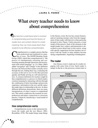272 © 2004 International Reading Association (pp. 272–280) doi:10.1598/RT.58.3.5
LAURA S. PARDO
What every teacher needs to know
about comprehension
Once teachers understand what is involved
in comprehending and how the factors of
reader, text, and context interact to create
meaning, they can more easily teach their
students to be effective comprehenders.
C
omprehension is a complex process that has
been understood and explained in a num-
ber of ways. The RAND Reading Study
Group (2002) stated that comprehension is “the
process of simultaneously extracting and con-
structing meaning through interaction and involve-
ment with written language” (p. 11). Duke (2003)
added “navigation” and “critique” to her definition
because she believed that readers actually move
through the text, finding their way, evaluating the
accuracy of the text to see if it fits their personal
agenda, and finally arriving at a self-selected loca-
tion. A common definition for teachers might be
that comprehension is a process in which readers
construct meaning by interacting with text through
the combination of prior knowledge and previous
experience, information in the text, and the stance
the reader takes in relationship to the text. As these
different definitions demonstrate, there are many
interpretations of what it means to comprehend
text. This article synthesizes the research on com-
prehension and makes connections to classroom
practice. I begin by introducing a visual model of
comprehension.
How comprehension works
Comprehension occurs in the transaction be-
tween the reader and the text (Kucer, 2001;
Rosenblatt, 1978). The reader brings many things
to the literacy event, the text has certain features,
and yet meaning emerges only from the engage-
ment of that reader with that text at that particular
moment in time. Figure 1 below presents a visual
model of this process. Each of the elements in the
model (reader, text, context, and transaction) is de-
scribed in more detail later in this article, along
with specific suggestions for how teachers can in-
teract with the model to help children become
strong comprehenders, beginning in kindergarten.
The reader
Any literacy event is made up of a reader en-
gaging with some form of text. Each reader is
unique in that he or she possesses certain traits or
FIGURE 1
Model of comprehension
Social
Cultural
Context
Reader
Transaction
Meaning
happens here
Text
 