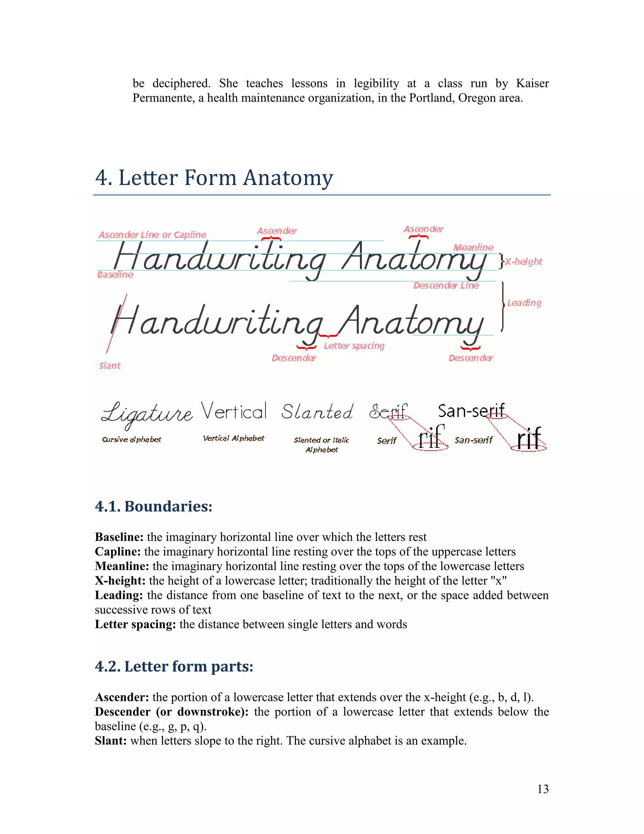 be deciphered. She teaches lessons in legibility at a class run by Kaiser
       Permanente, a health maintenance organization, in the Portland, Oregon area.




4. Letter Form Anatomy




4.1. Boundaries:
Baseline: the imaginary horizontal line over which the letters rest
Capline: the imaginary horizontal line resting over the tops of the uppercase letters
Meanline: the imaginary horizontal line resting over the tops of the lowercase letters
X-height: the height of a lowercase letter; traditionally the height of the letter "x"
Leading: the distance from one baseline of text to the next, or the space added between
successive rows of text
Letter spacing: the distance between single letters and words


4.2. Letter form parts:
Ascender: the portion of a lowercase letter that extends over the x-height (e.g., b, d, l).
Descender (or downstroke): the portion of a lowercase letter that extends below the
baseline (e.g., g, p, q).
Slant: when letters slope to the right. The cursive alphabet is an example.


                                                                                        13
 