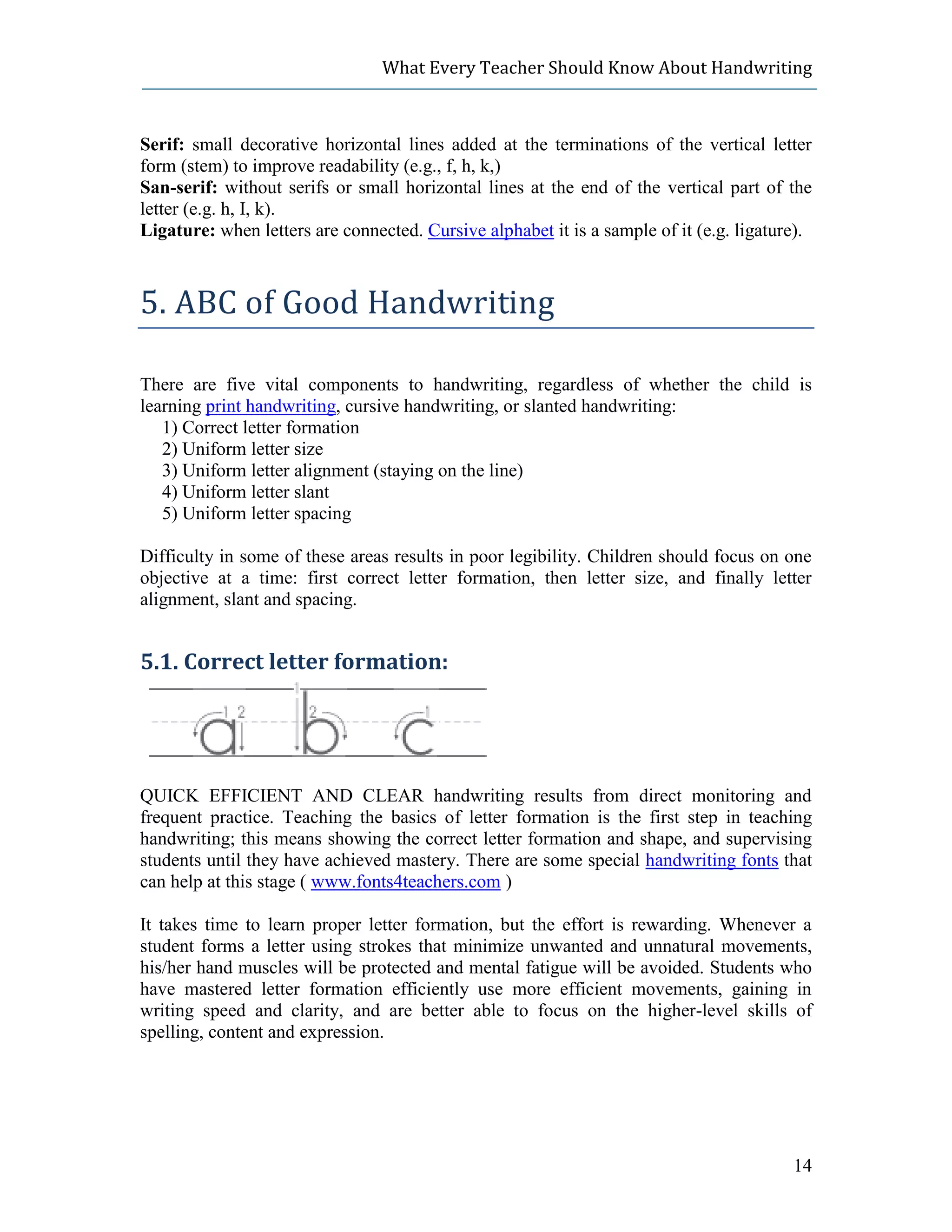 What Every Teacher Should Know About Handwriting



Serif: small decorative horizontal lines added at the terminations of the vertical letter
form (stem) to improve readability (e.g., f, h, k,)
San-serif: without serifs or small horizontal lines at the end of the vertical part of the
letter (e.g. h, I, k).
Ligature: when letters are connected. Cursive alphabet it is a sample of it (e.g. ligature).



5. ABC of Good Handwriting

There are five vital components to handwriting, regardless of whether the child is
learning print handwriting, cursive handwriting, or slanted handwriting:
   1) Correct letter formation
   2) Uniform letter size
   3) Uniform letter alignment (staying on the line)
   4) Uniform letter slant
   5) Uniform letter spacing

Difficulty in some of these areas results in poor legibility. Children should focus on one
objective at a time: first correct letter formation, then letter size, and finally letter
alignment, slant and spacing.


5.1. Correct letter formation:




QUICK EFFICIENT AND CLEAR handwriting results from direct monitoring and
frequent practice. Teaching the basics of letter formation is the first step in teaching
handwriting; this means showing the correct letter formation and shape, and supervising
students until they have achieved mastery. There are some special handwriting fonts that
can help at this stage ( www.fonts4teachers.com )

It takes time to learn proper letter formation, but the effort is rewarding. Whenever a
student forms a letter using strokes that minimize unwanted and unnatural movements,
his/her hand muscles will be protected and mental fatigue will be avoided. Students who
have mastered letter formation efficiently use more efficient movements, gaining in
writing speed and clarity, and are better able to focus on the higher-level skills of
spelling, content and expression.




                                                                                         14
 