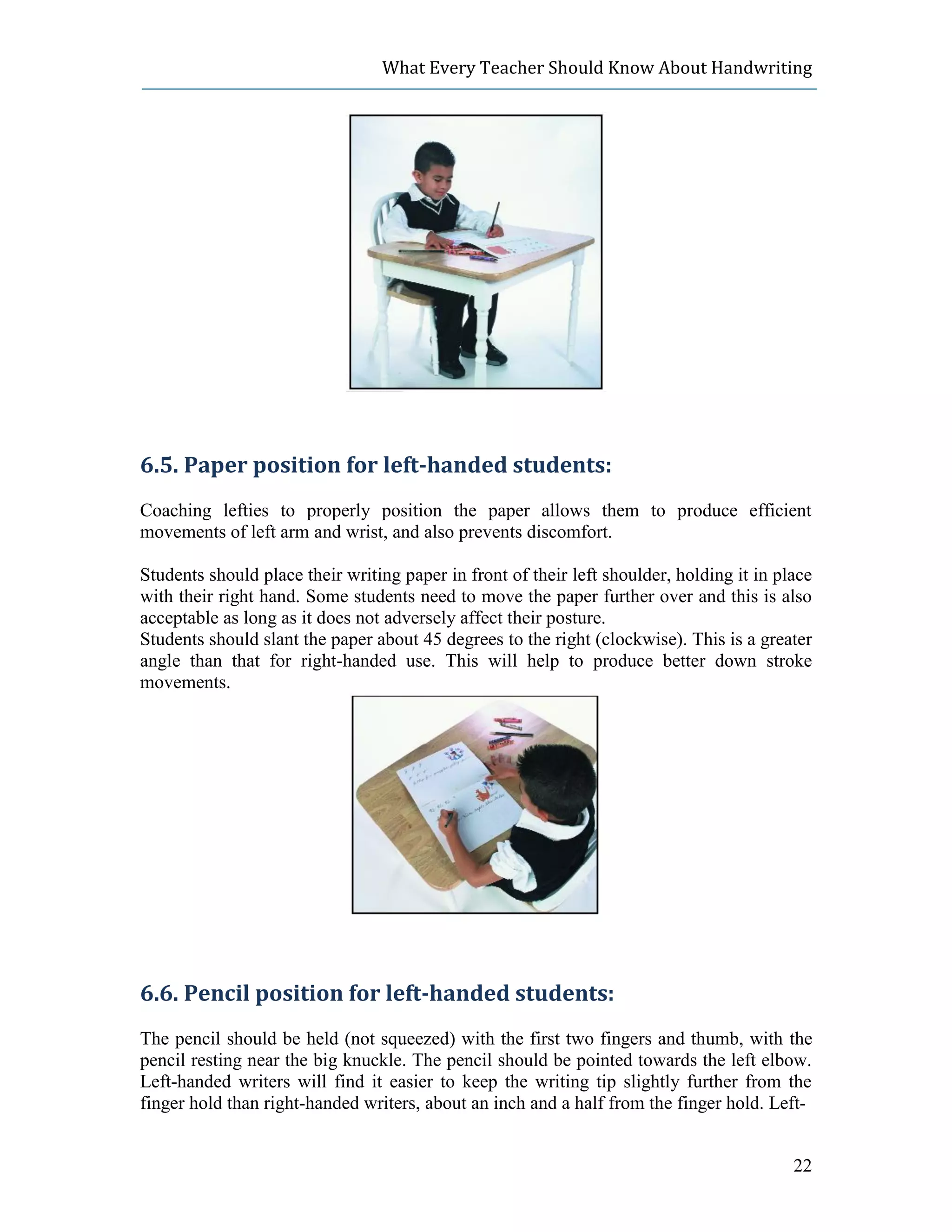 What Every Teacher Should Know About Handwriting




6.5. Paper position for left-handed students:
Coaching lefties to properly position the paper allows them to produce efficient
movements of left arm and wrist, and also prevents discomfort.

Students should place their writing paper in front of their left shoulder, holding it in place
with their right hand. Some students need to move the paper further over and this is also
acceptable as long as it does not adversely affect their posture.
Students should slant the paper about 45 degrees to the right (clockwise). This is a greater
angle than that for right-handed use. This will help to produce better down stroke
movements.




6.6. Pencil position for left-handed students:
The pencil should be held (not squeezed) with the first two fingers and thumb, with the
pencil resting near the big knuckle. The pencil should be pointed towards the left elbow.
Left-handed writers will find it easier to keep the writing tip slightly further from the
finger hold than right-handed writers, about an inch and a half from the finger hold. Left-


                                                                                           22
 