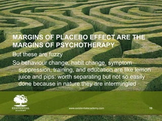 www.existentialacademy.com 10
MARGINS OF PLACEBO EFFECT ARE THE
MARGINS OF PSYCHOTHERAPY
But these are fuzzy
So behaviour change, habit change, symptom
suppression, training, and education are like lemon
juice and pips: worth separating but not so easily
done because in nature they are intermingled
 