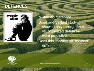 www.existentialacademy.com 16
DEFENCES
Militaristic metaphor
Bond and Vaillant study
showed only disorganized
vs. organized defences
were predictive
Does this improve on “messed
up”?
 