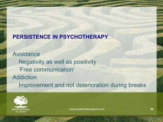 www.existentialacademy.com 32
PERSISTENCE IN PSYCHOTHERAPY
Avoidance
Negativity as well as positivity
‘Free communication’
Addiction
Improvement and not deterioration during breaks
 