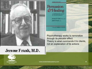 www.existentialacademy.com 9
Psychotherapy works to remoralize
through its placebo effect.
Theory is what commends it to clients,
not an explanation of its actions
 