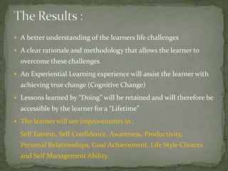  A better understanding of the learners life challenges

 A clear rationale and methodology that allows the learner to
  overcome these challenges
 An Experiential Learning experience will assist the learner with
  achieving true change (Cognitive Change)
 Lessons learned by “Doing” will be retained and will therefore be
  accessible by the learner for a “Lifetime”
 The learner will see improvements in :

  Self Esteem, Self Confidence, Awareness, Productivity,
  Personal Relationships, Goal Achievement, Life Style Choices
  and Self Management Ability.
 