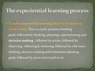  To make experiential learning effective the learning

  wheel is used. This is a cyclic process of setting
  goals, followed by thinking, planning, experimenting and
  decision making , followed by action, followed by
  observing, reflecting & reviewing, followed by a bit more
  thinking, decision making and sometimes adjusting
  goals, followed by more action and so on.
 