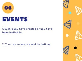 EVENTS
1. Events you have created or you have
been invited to
2. Your responses to event invitations
06
 