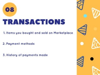 TRANSACTIONS
1. Items you bought and sold on Marketplace
2. Payment methods
3. History of payments made
08
 
