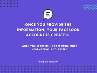 ONCE YOU PROVIDE THE
INFORMATION, YOUR FACEBOOK
ACCOUNT IS CREATED.
WHEN YOU START USING FACEBOOK, MORE
INFORMATION IS COLLECTED.
THIS IS THE FUN PART
 