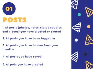 POSTS
1. All posts (photos, notes, status updates
and videos) you have created or shared
2. All posts you have been tagged in
3. All posts you have hidden from your
timeline
4. All posts you have saved
5. All polls you have created
01
 