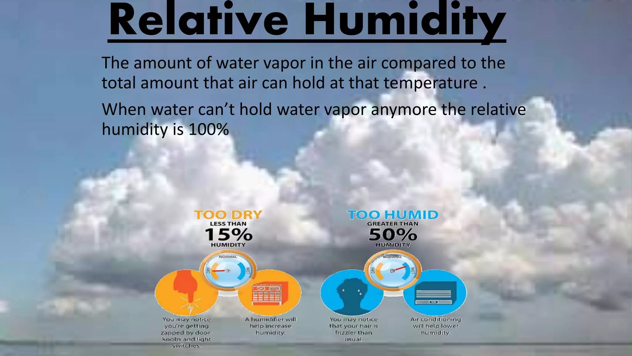 Relative Humidity
The amount of water vapor in the air compared to the
total amount that air can hold at that temperature .
When water can’t hold water vapor anymore the relative
humidity is 100%
 
