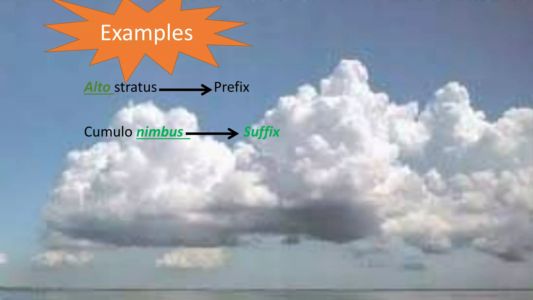 Alto stratus Prefix
Cumulo nimbus Suffix
Examples
 
