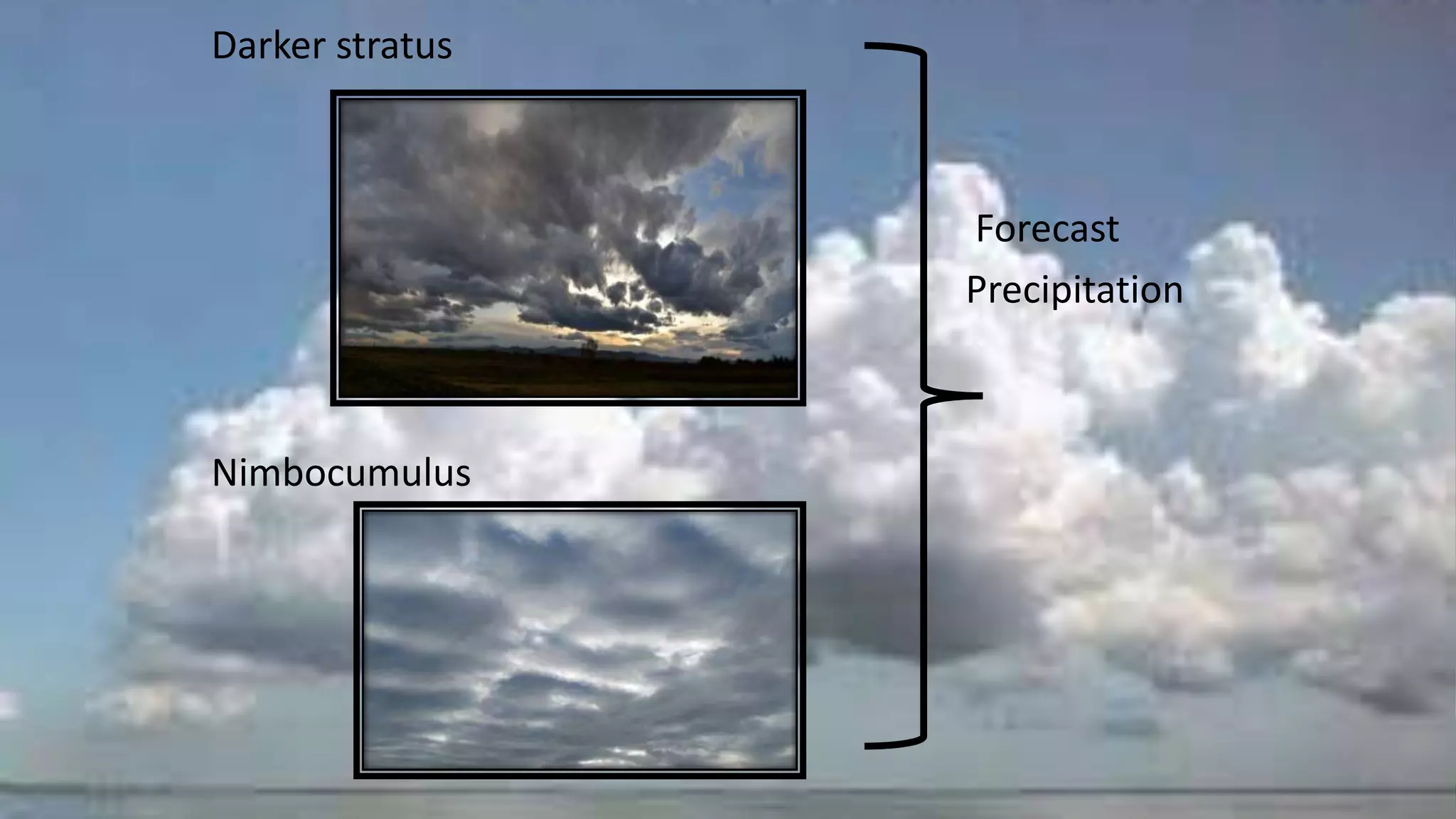 Darker stratus
Forecast
Precipitation
Nimbocumulus
 