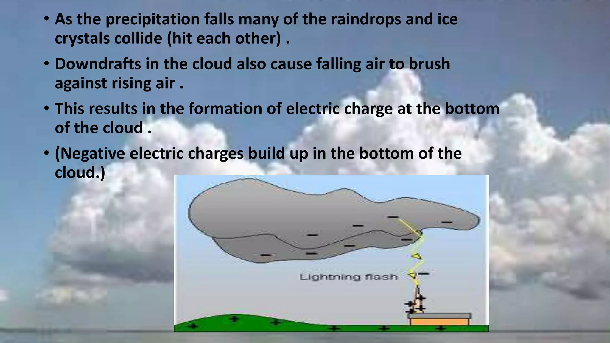 • As the precipitation falls many of the raindrops and ice
crystals collide (hit each other) .
• Downdrafts in the cloud also cause falling air to brush
against rising air .
• This results in the formation of electric charge at the bottom
of the cloud .
• (Negative electric charges build up in the bottom of the
cloud.)
 