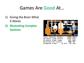 Games Are Good At…
1) Giving the Brain What
   it Wants
2) Illustrating Complex
   Systems
 