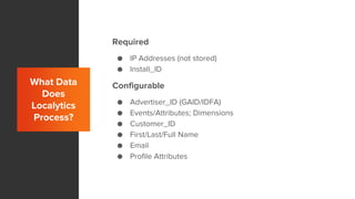 What Data
Does
Localytics
Process?
Required
● IP Addresses (not stored)
● Install_ID
Configurable
● Advertiser_ID (GAID/IDFA)
● Events/Attributes; Dimensions
● Customer_ID
● First/Last/Full Name
● Email
● Profile Attributes
 