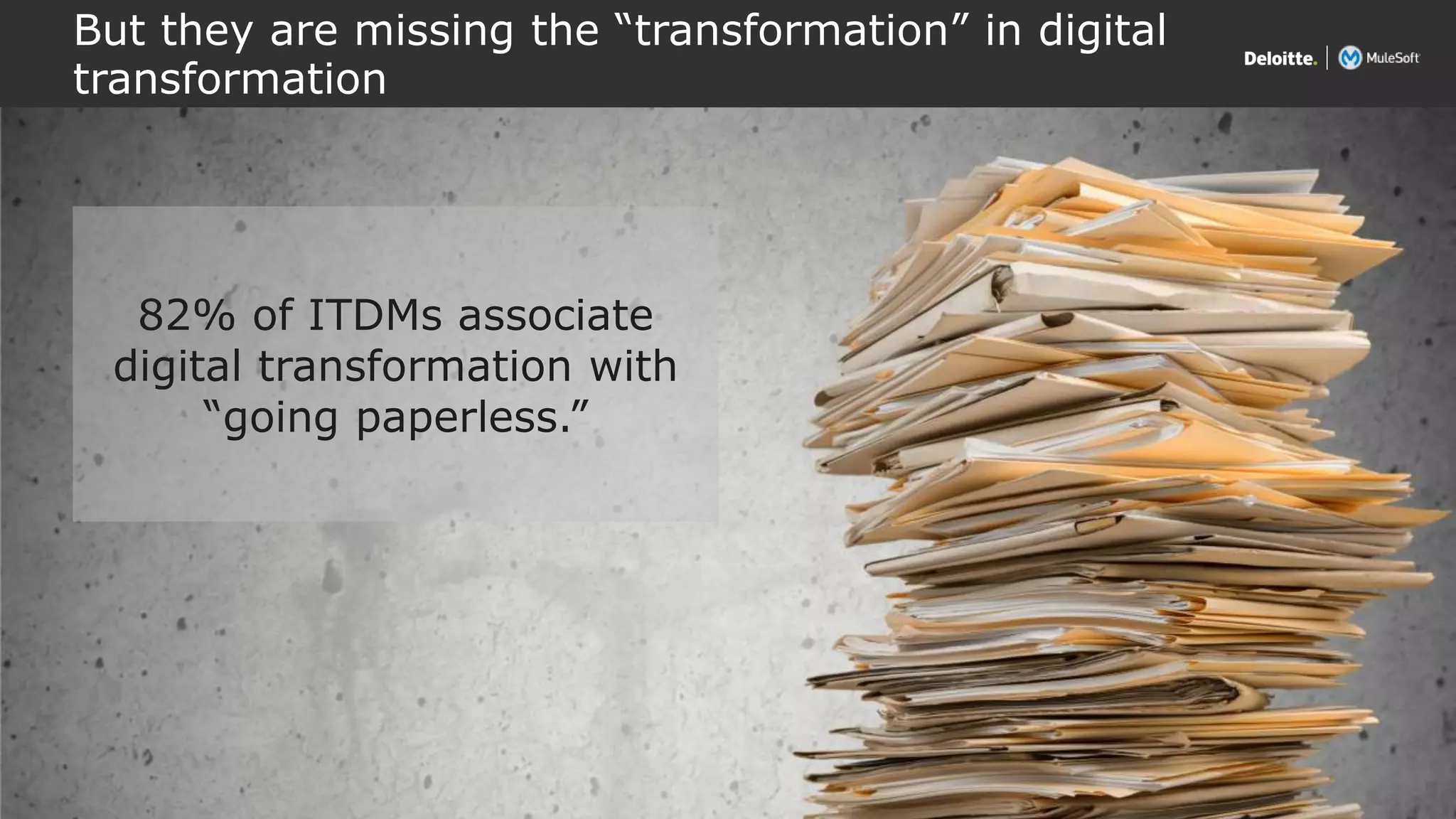 All contents © Deloitte Inc.
But they are missing the “transformation” in digital
transformation
10
82% of ITDMs associate
digital transformation with
“going paperless.”
 